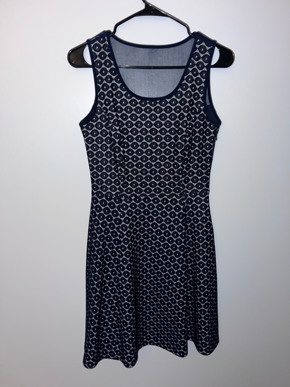 Enfocus Studio Navy and White Sleeveless Patterned Skater Dress